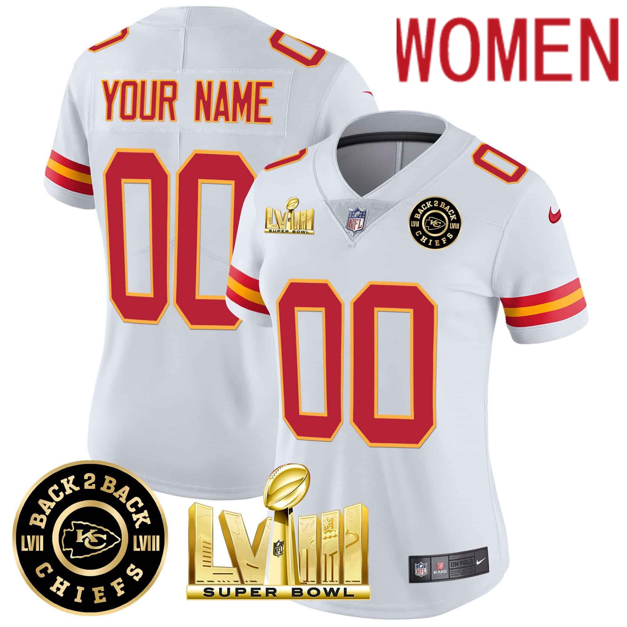 Women Kansas City Chiefs White 2024 Nike Super Bowl LVIII & Back-2-Back Patch Vapor Custom NFL Jersey